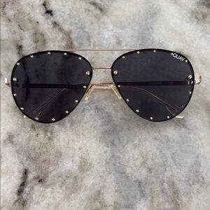 Quay Australia Gold and Black Aviator Sunglasses with Studded Detail